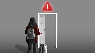 Illustration of a person with a suitcase walking towards a door with a large warning sign above it.